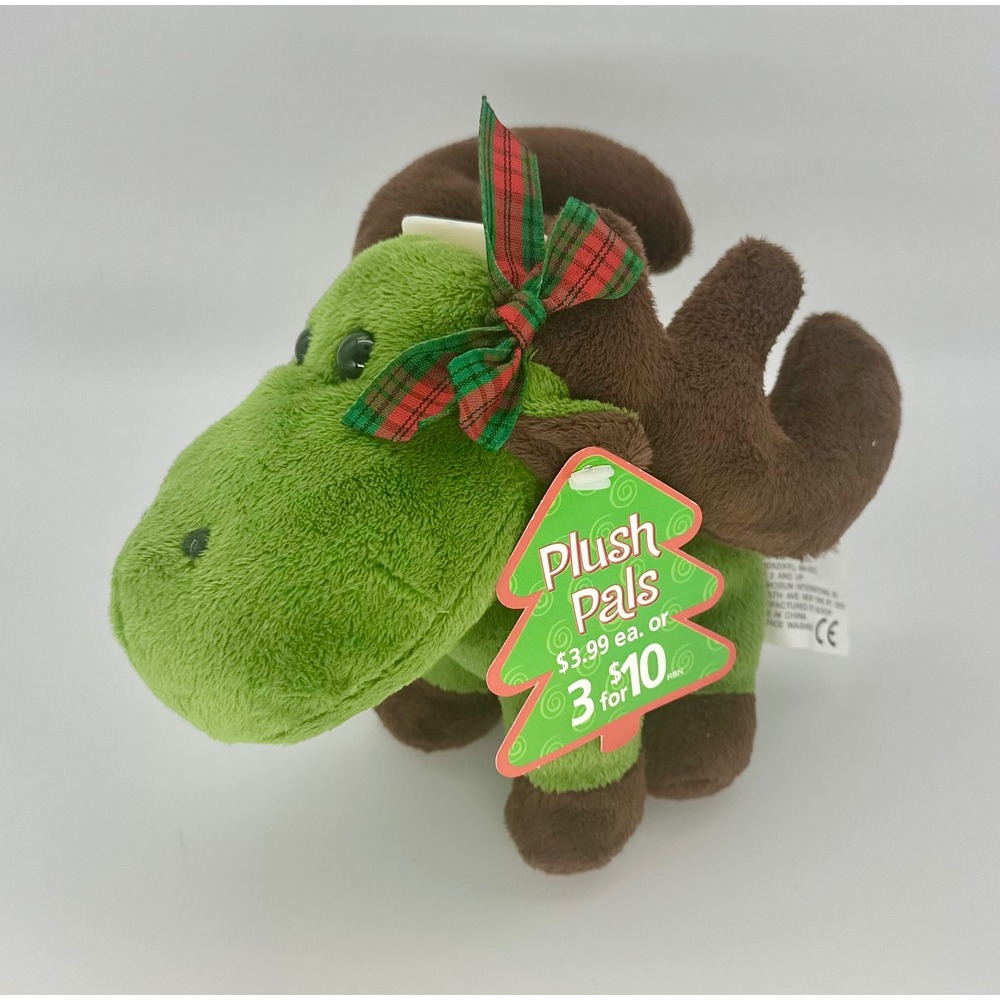 Plush Pals 6" Green Christmas Moose Plush NWT Plaid Bow Item #814629